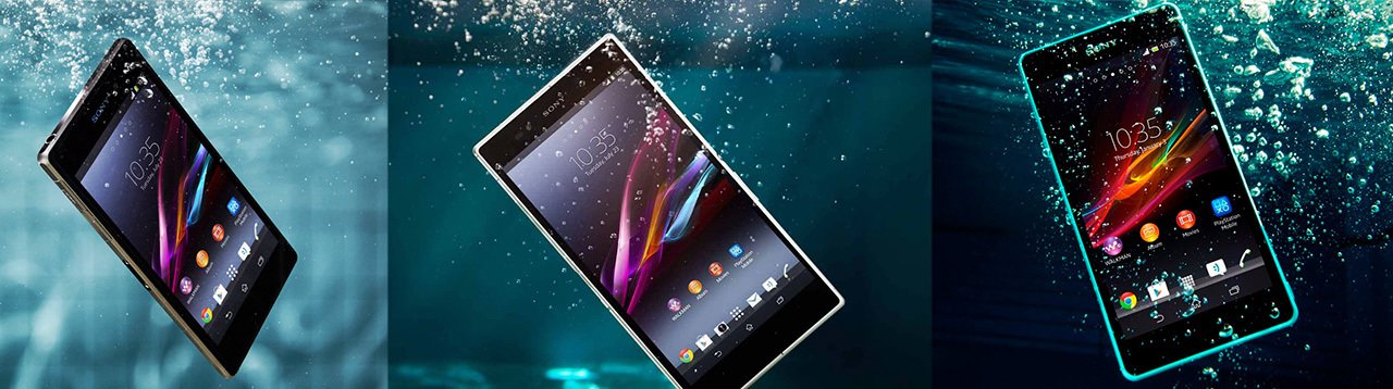 демонстрация водонепроницаемости модели sony xperia xz, вид сбоку, спереди и с задней панели